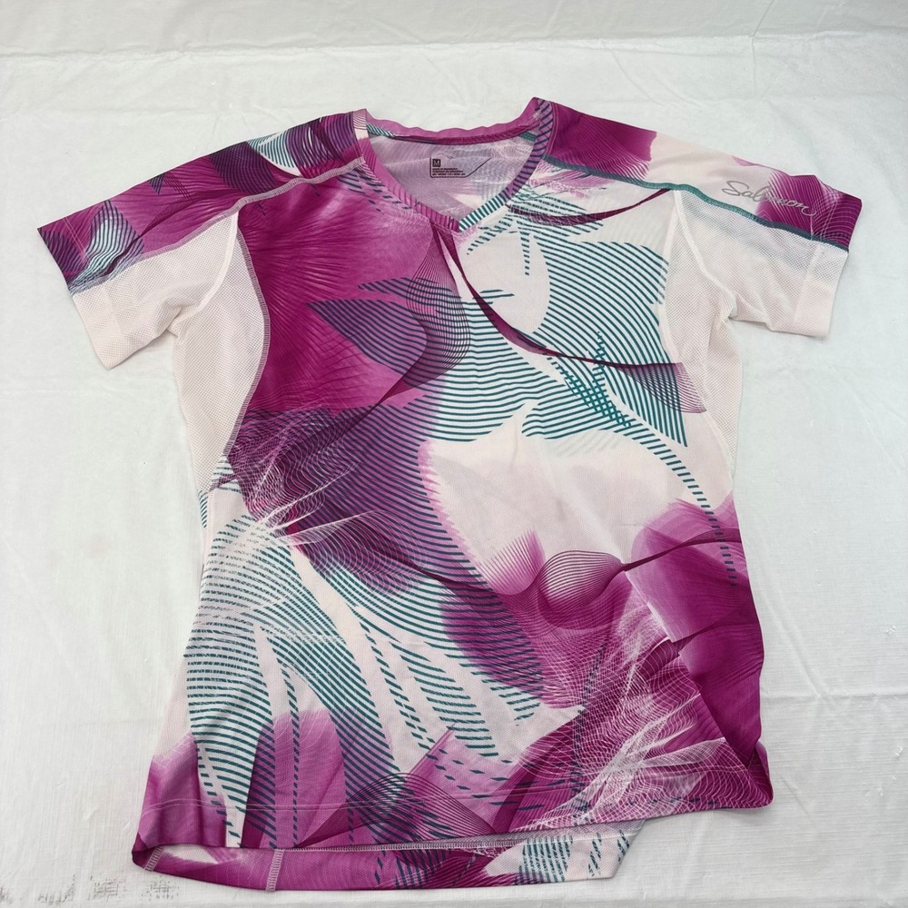 Salomon Actilite Womens Medium Purple Teal Abstract Floral Running Shirt V-Neck